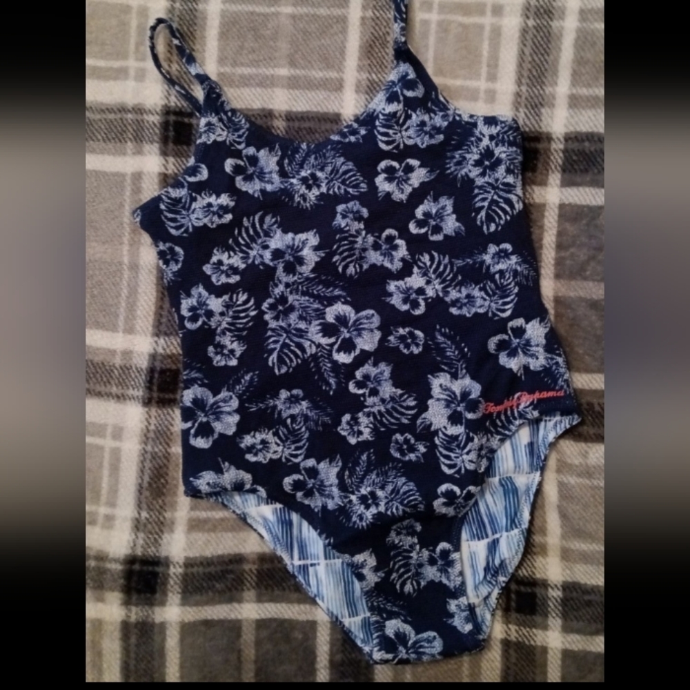 🆕 Tommy Bahama | Reversible Girls 1 Piece Swimsuit Navy Blue Big Girls Size 12